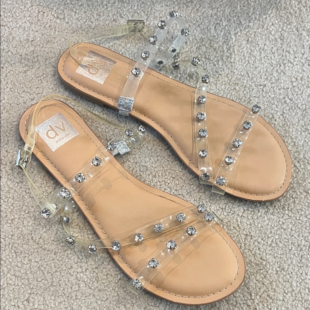 DV by Dolce Vita Nude Footbed Clear Strap Rhinestone Sandals